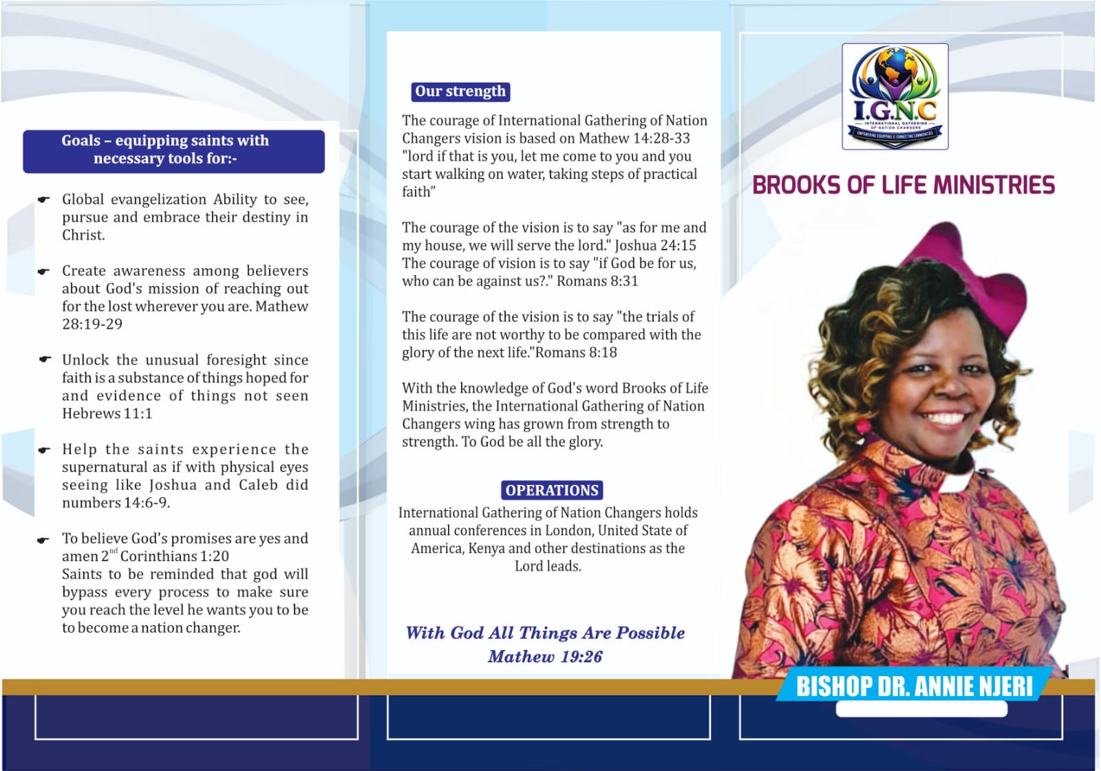 Brooks of Life Ministries brochure featuring Bishop Dr. Annie Njeri