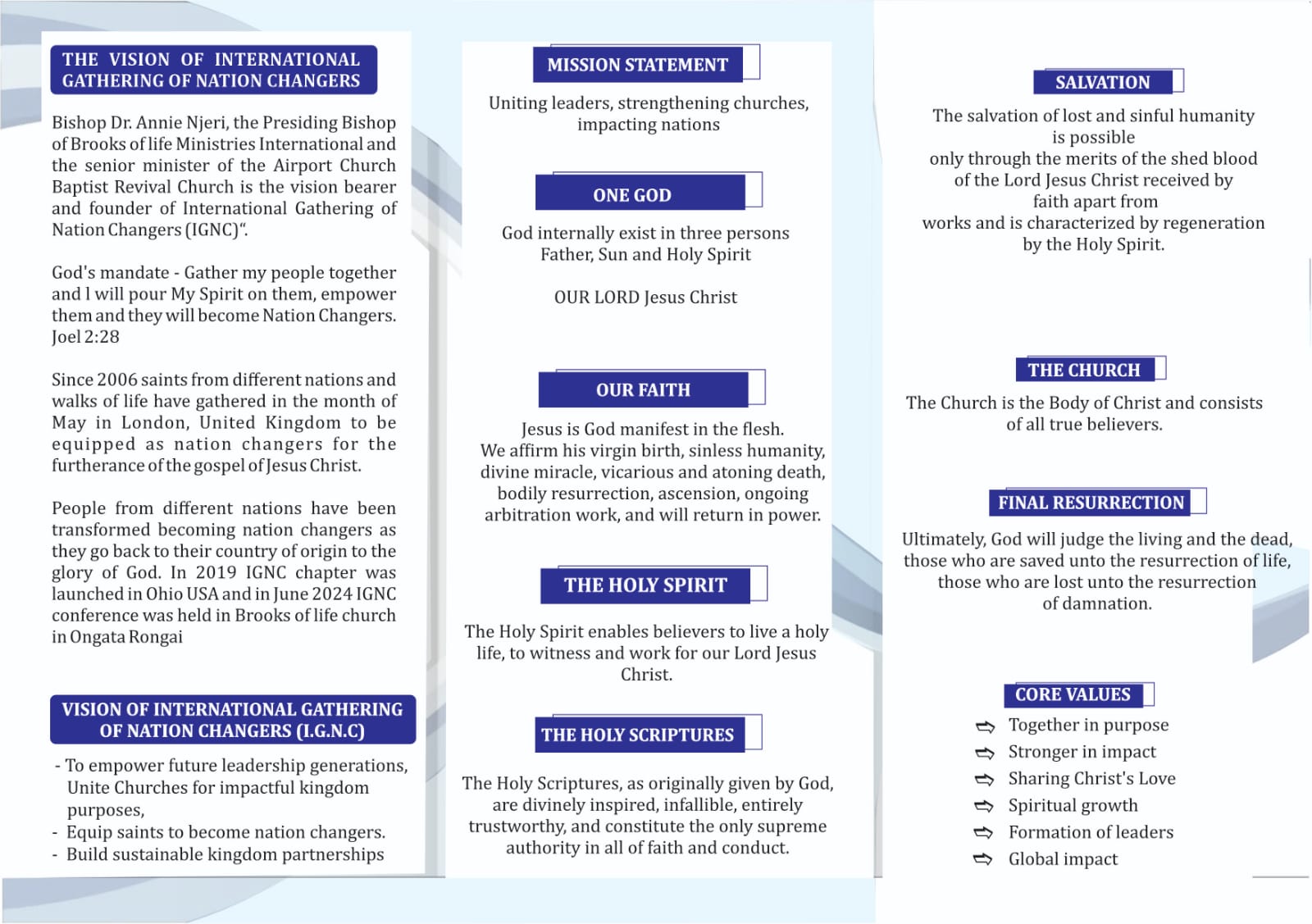 IGNC vision, mission statement and statement of faith brochure